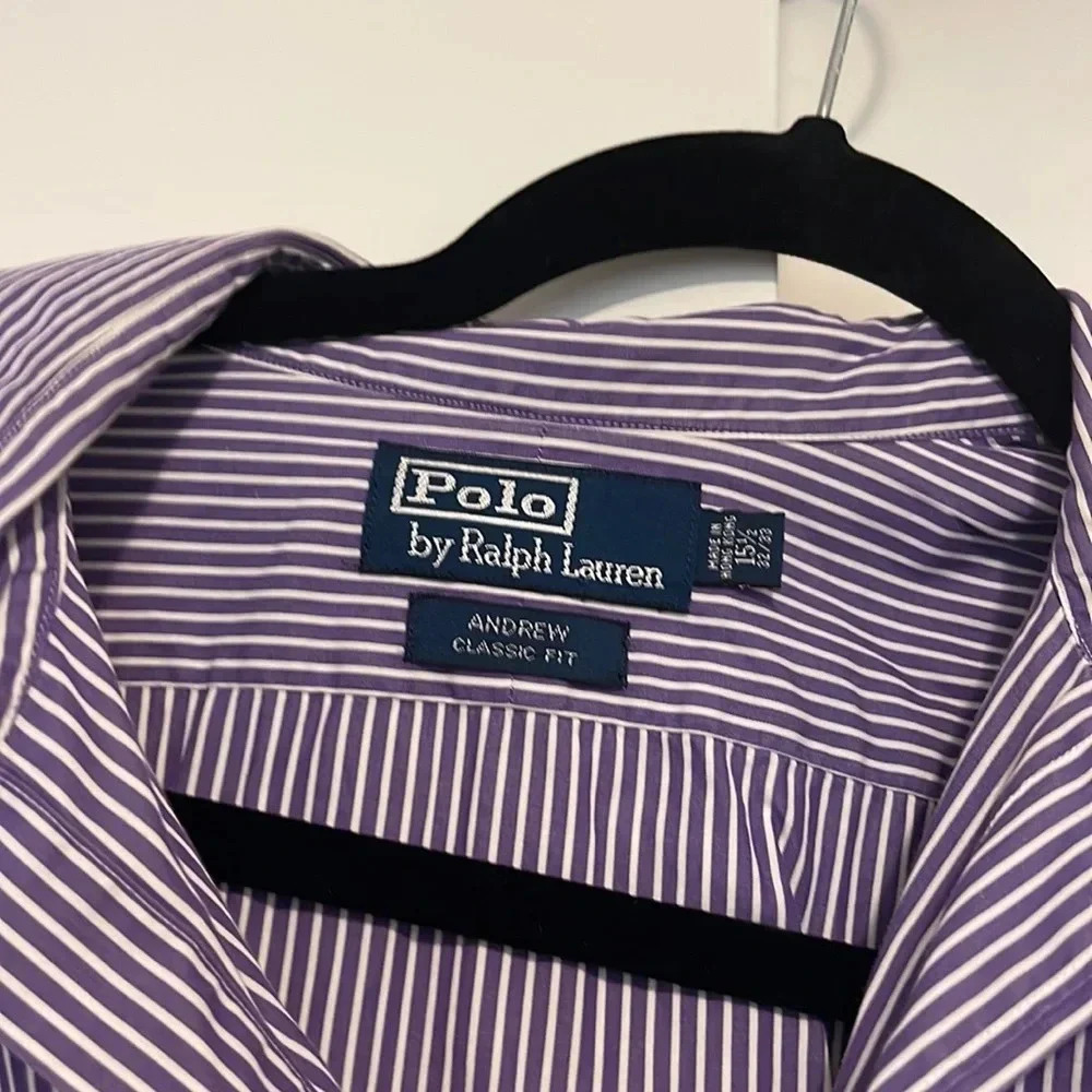 Polo by Ralph Lauren Andrew Classic Fit 15-1/2 and‎ 32/33 Purple and White - Picture 2 of 5